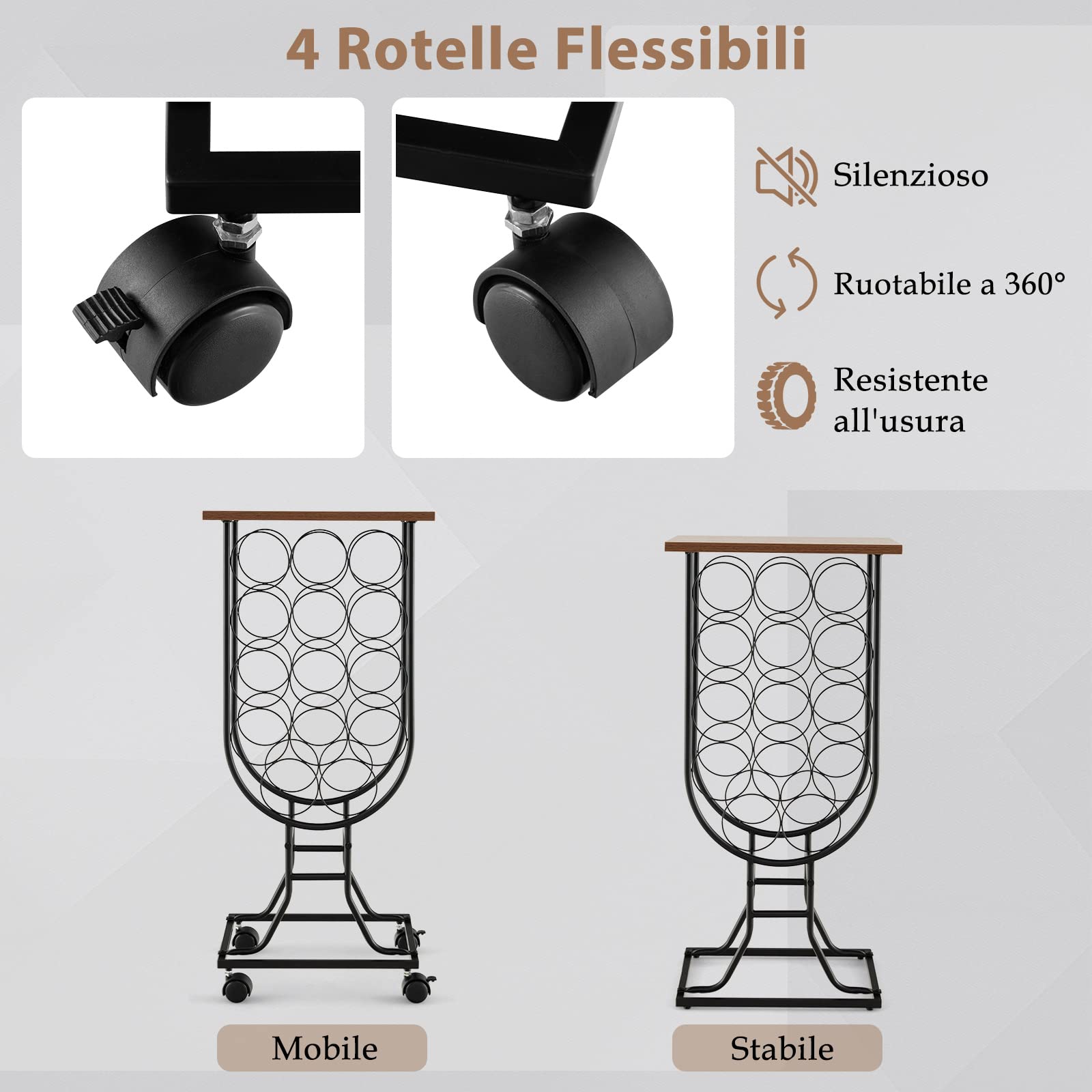 COSTWAY Portabottiglie per Vino con Ruote Staccabili e Bloccabili, Cantinetta Vino Stile Rustico per 14 Bottiglie, con Piano in Legno e Struttura in Metallo, Mobile Bar per Soggiorno e Cucina