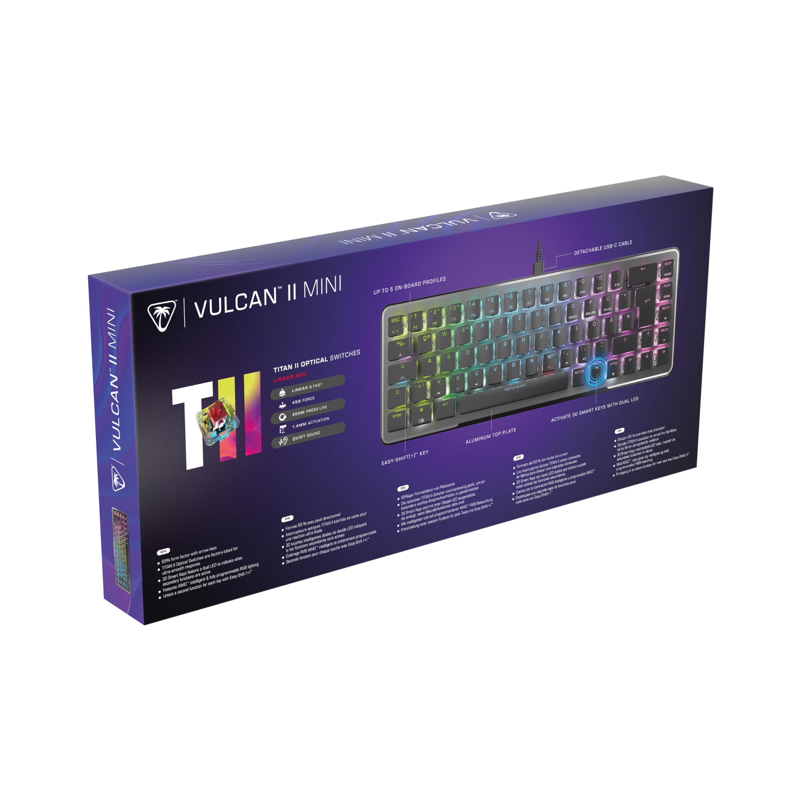 Turtle Beach Vulcan II Mini Optyczna klawiatura gamingowa 65% z konfigurowalnym oświetleniem RGB, technologia powielania przycisków, aluminiowa płyta, czarna