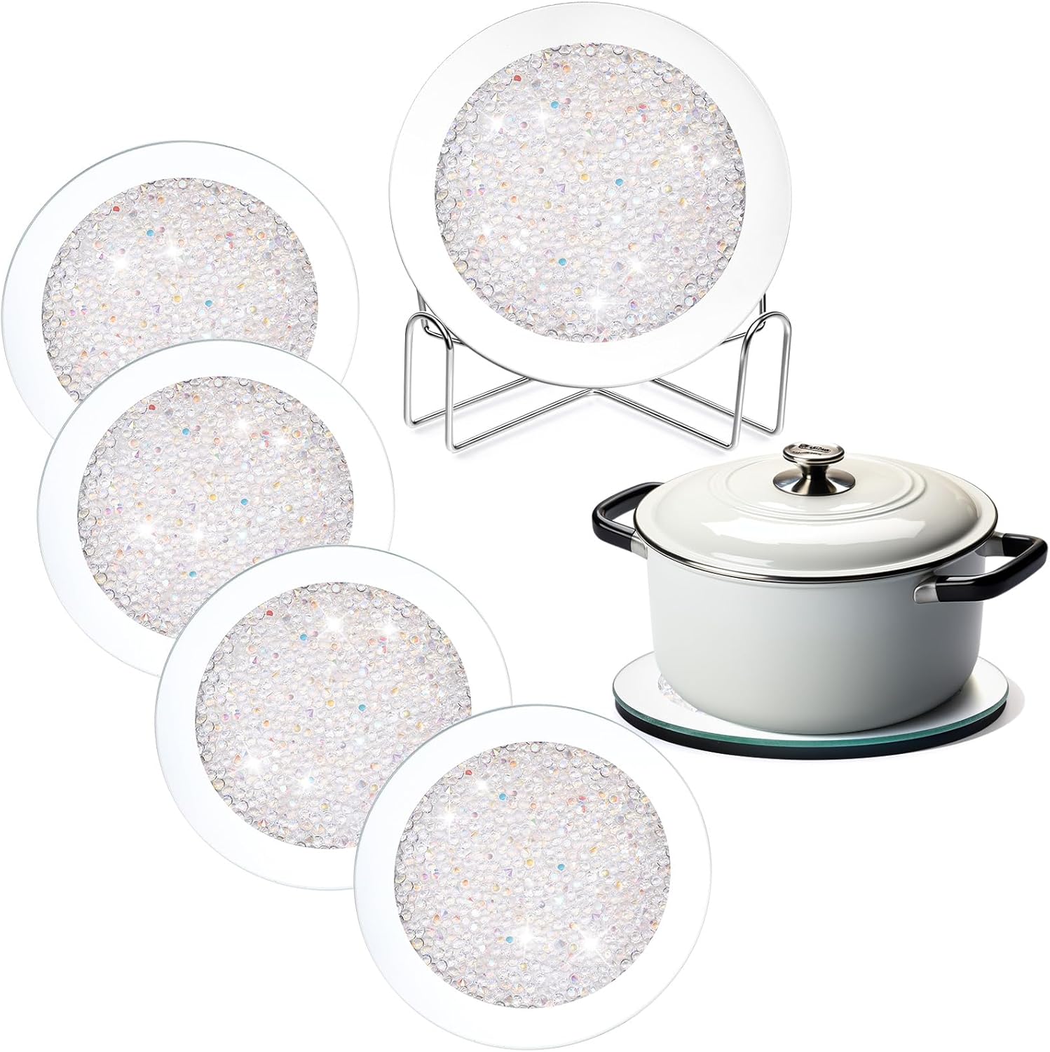 Jetec Mirrored Glass Coaster Set of 6 with 1 Holder 7" Crushed Diamond Round Cup Mat Glitter Crystal Rhinestone Glass Coaster Bling Table Decor for Bar Kitchen Gift for Christmas(White)