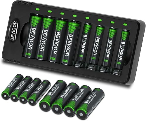 BEVIGOR Cargador de batería inteligente de 8 bahías con pilas recargables AA y AAA, 8 piezas AA 2800mAh y 8 pilas AAA de alta capacidad NiMH de 1100