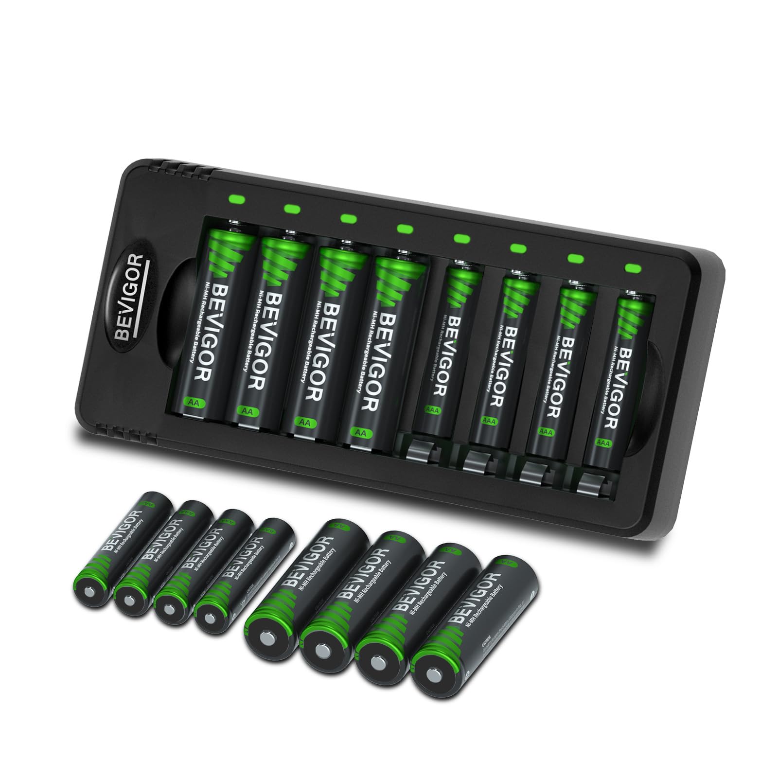 BEVIGOR Kit 8 AA Batteries with 8 AAA NiMH Rechargeable Batteries with Charger, Quick Charge