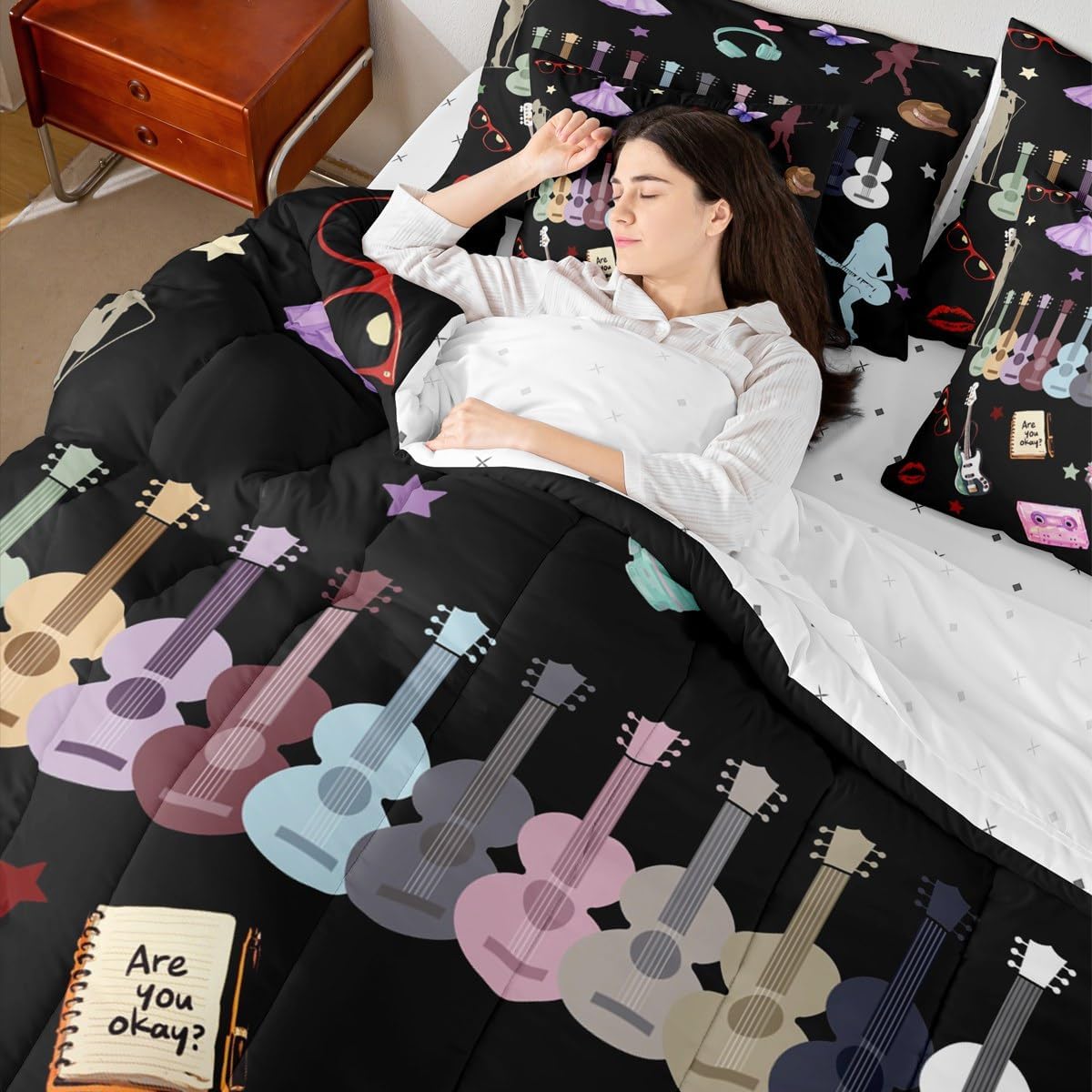 Erosebridal Music Theme Full Size Comforter Set Guitar Bedding Set Black(Comforter+Fitted+Flat Sheet+2 Pillowcases+2 Throw Pillow Covers) 7 Pieces Modern Fashion Bed Set Gift for Music Lovers