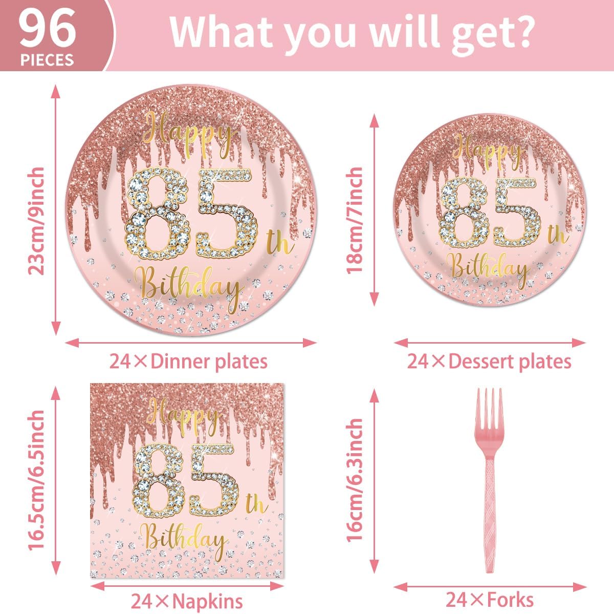EUOYUFO 96Pcs 85th Birthday Decorations for Women Disposable Tableware Set -Rose Gold Happy 85th Birthday Paper Plates Napkins Forks 85 Years Old Party Supplies Serve 24 Guests