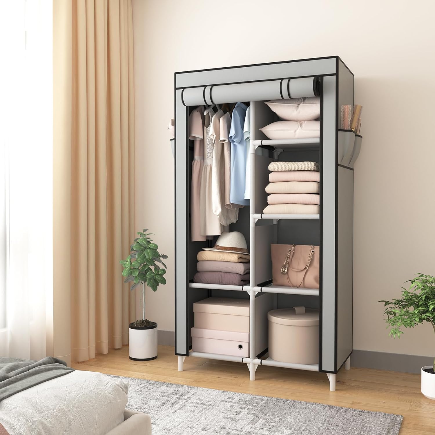 Vicye Armario de Tela, Organizador Armario Ropero Portátil con 1 Barra para Colgar y 6 Estantes para Dormitorio, Vestidor, Salón, Gris, 84 x 42 x 162 cm