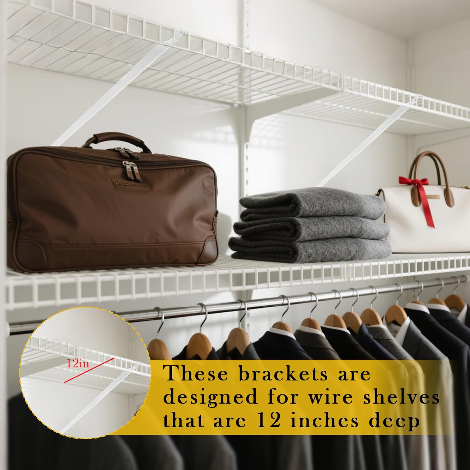 Wire Shelf Brackets Set, Includes 3 Wire rack support brackets , 6 Wire Shelf Clips and 2 End Brackets, Suitable for Installation in Wardrobes, Closet Shelf Brackets