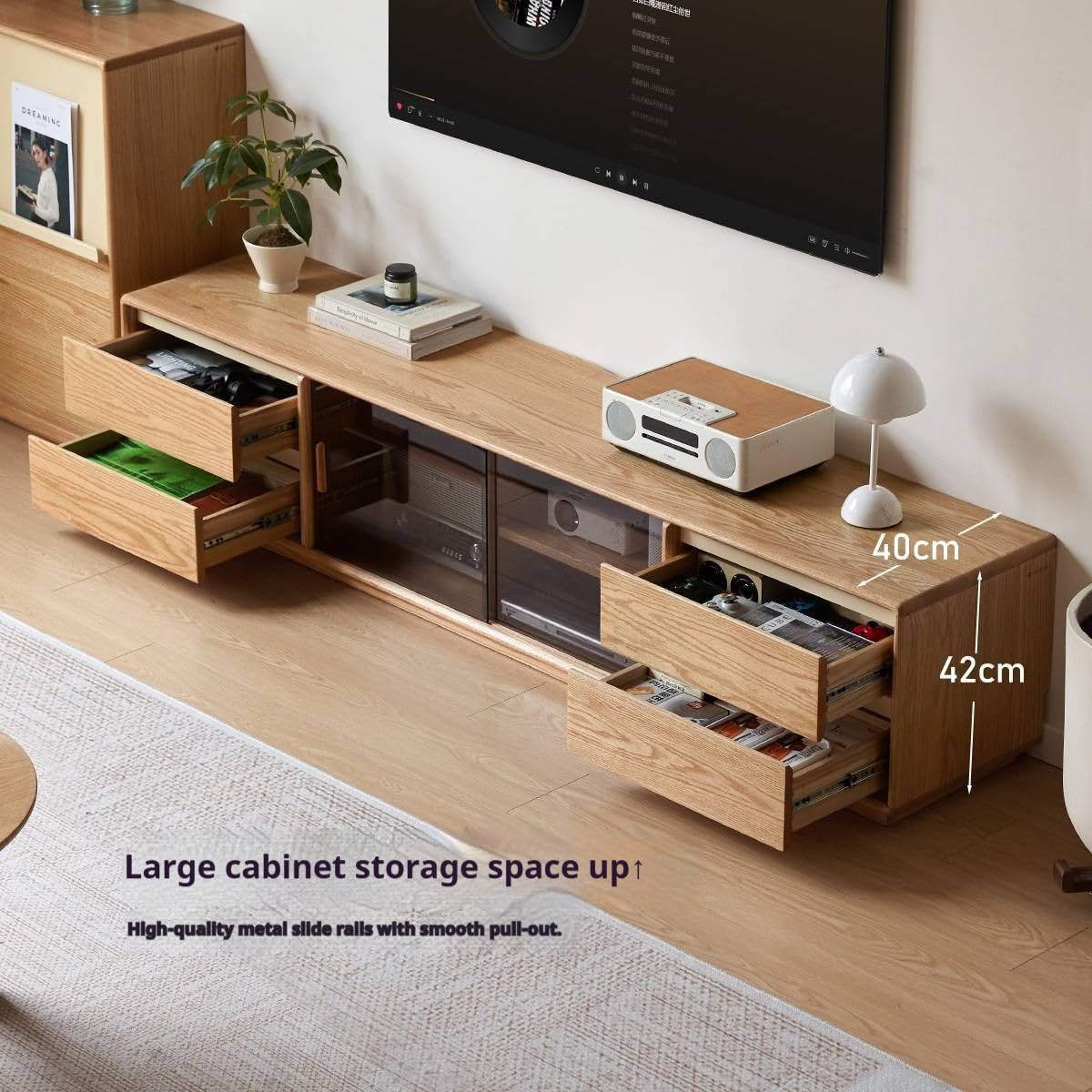 GVAwood Oak Solid Wood Original Wood Style TV Cabinet 78.7×15.7×16.5 inch / 200×40×42 cm/Natural Wood Color/tv Cabinet