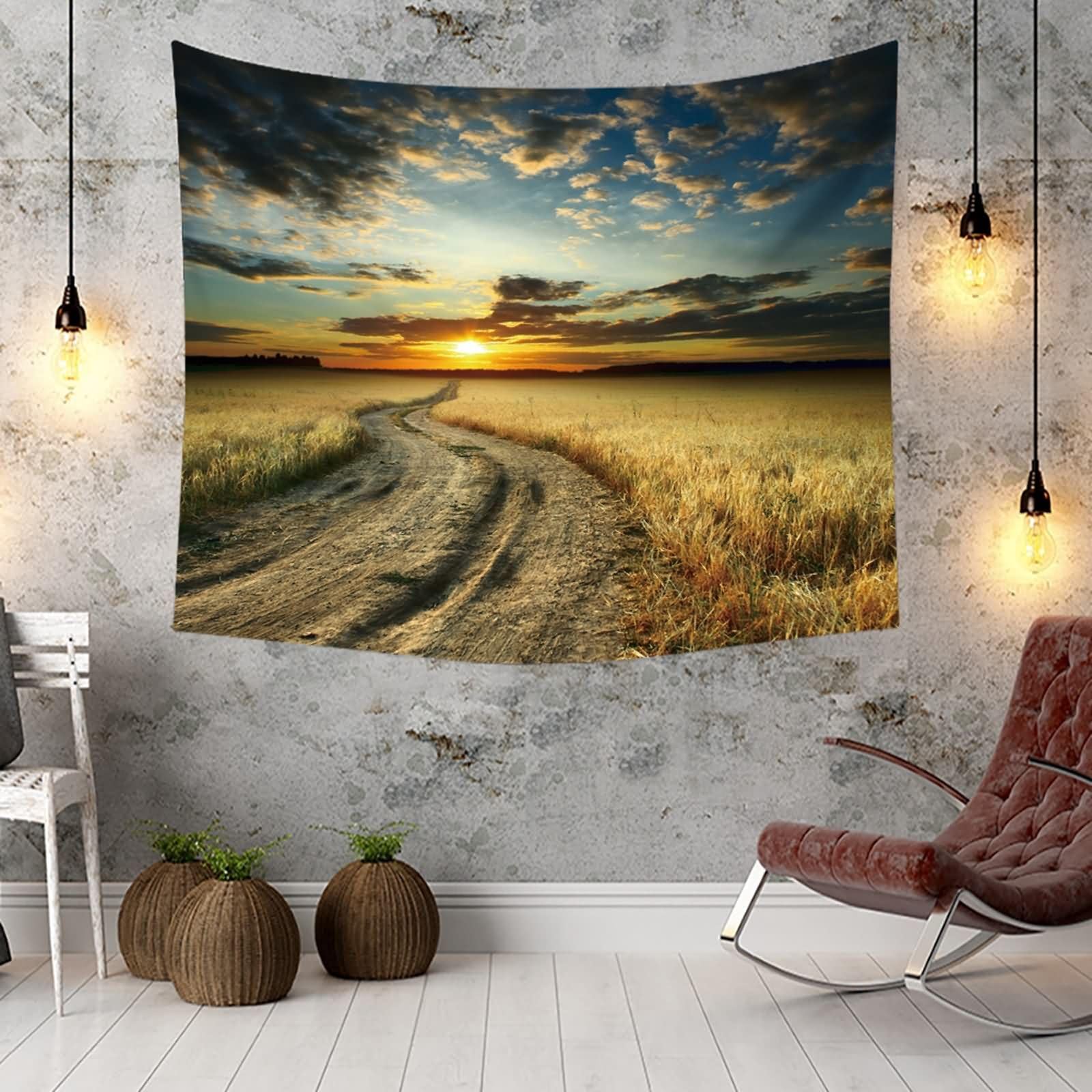 Homxi Tapiz de Sofas 260 x 240 CM,Paisaje de Camino y Atardecer Tapiz para Habitación Poliester Amarillo Gris Azul