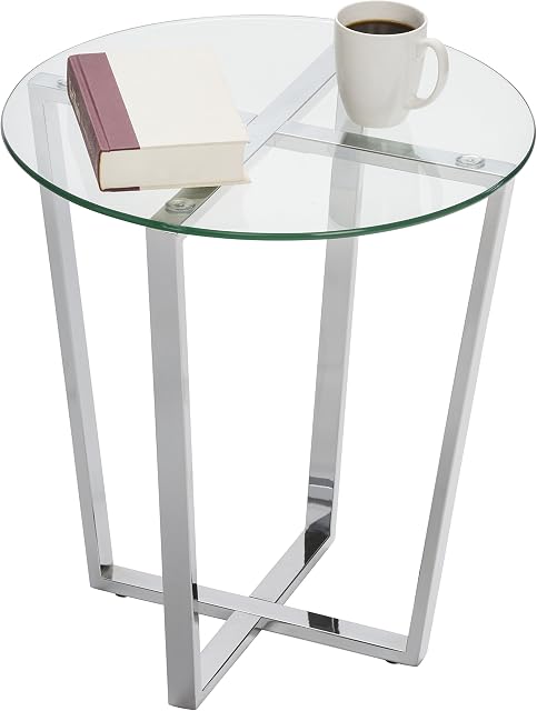 Mango Steam Round Metro Glass End Table/Side Table/for Living Room & Dining Room - Clear Top/Chrome Base