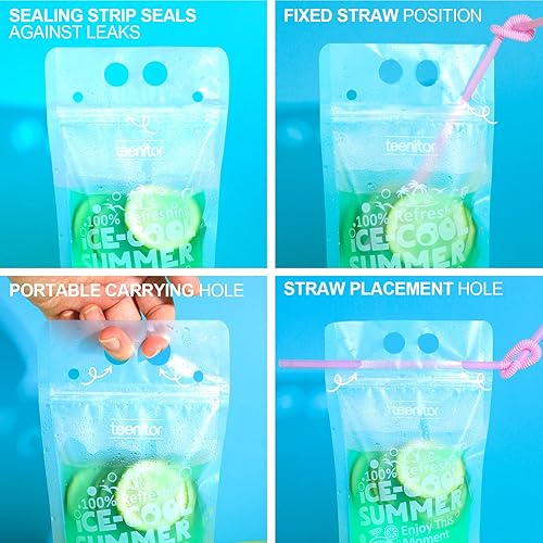 Miniatura 6 de Teenitor 100 bolsas de bebidas, bolsas de bebidas para adultos, bolsas de bebidas con bolsas de jugo de pajita, 100 popotes, bolsas de licor