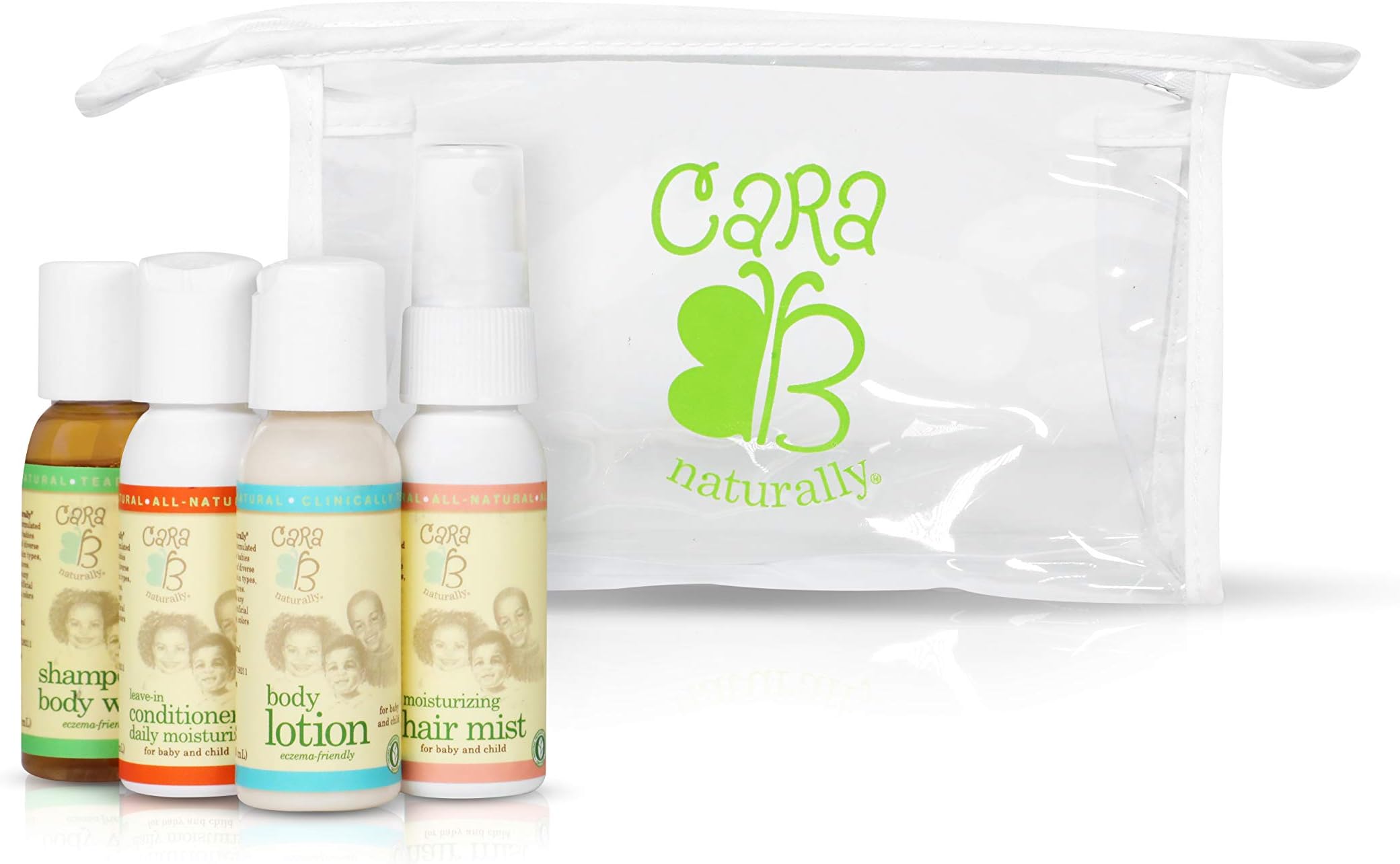 CARA B Naturally Travel Convenience Bundle w/TSA-Approved Travel Bag - Shampoo/Body Wash, Leave-in Conditioner/Daily Moisturizer, Moisturizing Hair Mist and Body Lotion – Pack of 4 at 1 Ounce Each