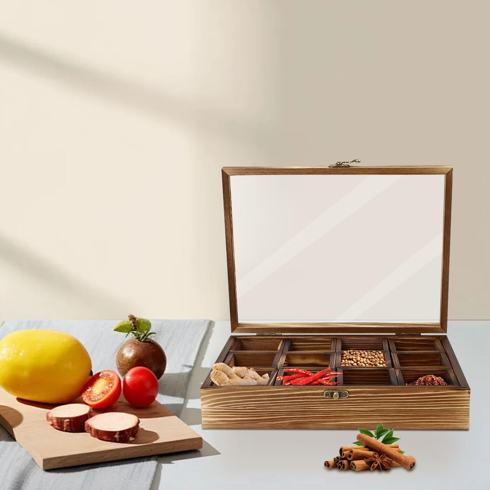 Drewniane pudełko na przyprawy z 12 pojemnikami Spice Fit Box do przechowywania do 12 różnych przypraw lub herbaty, kolor brązowy, 30 x 22,5 x 7 cm
