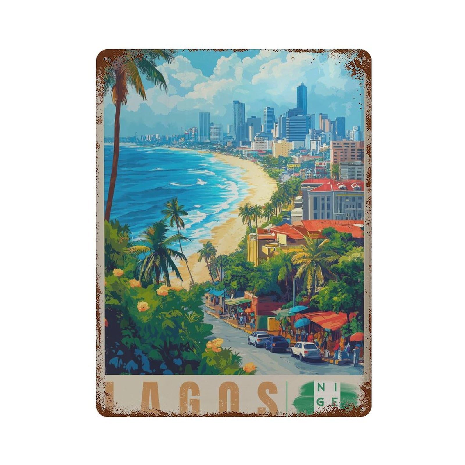 xiaoxiaoshen Lagos Nigeria Travel Vibrant Cityscape Wall Decor Art Metal Tin Poster Modern Home Decor Art Home Bar Shop Decorations Vintage Sign 40x30cm