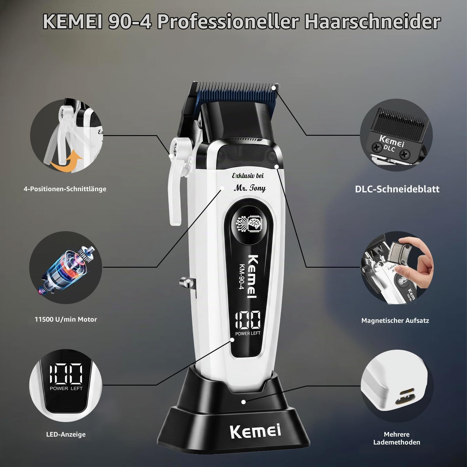 KEMEI 90-4Elektrischer Haarschneider MÄNNER, Haarschneidemaschine Profi | Bürstenlosem 11500 RPM Motor, DLC-Klinge & 8 Aufsteckkämmen, LED-Display & Ladestation-Perfekt für Anfänger & Profis(Weiß)