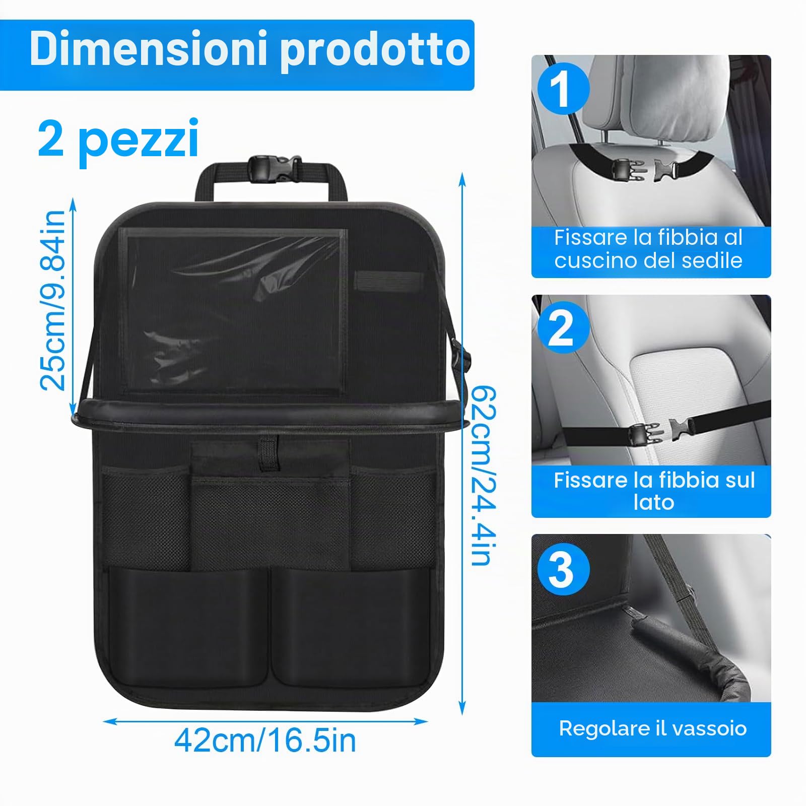 2 Pezzi Organizer Auto per Protezione Sedile Autos Bambini e Copri Sedile Auto Bambini, Con Tavolo Pieghevole, Multifunzione Impermeabile e Numerose Tasche, Protezione per il Sediles Posteriore