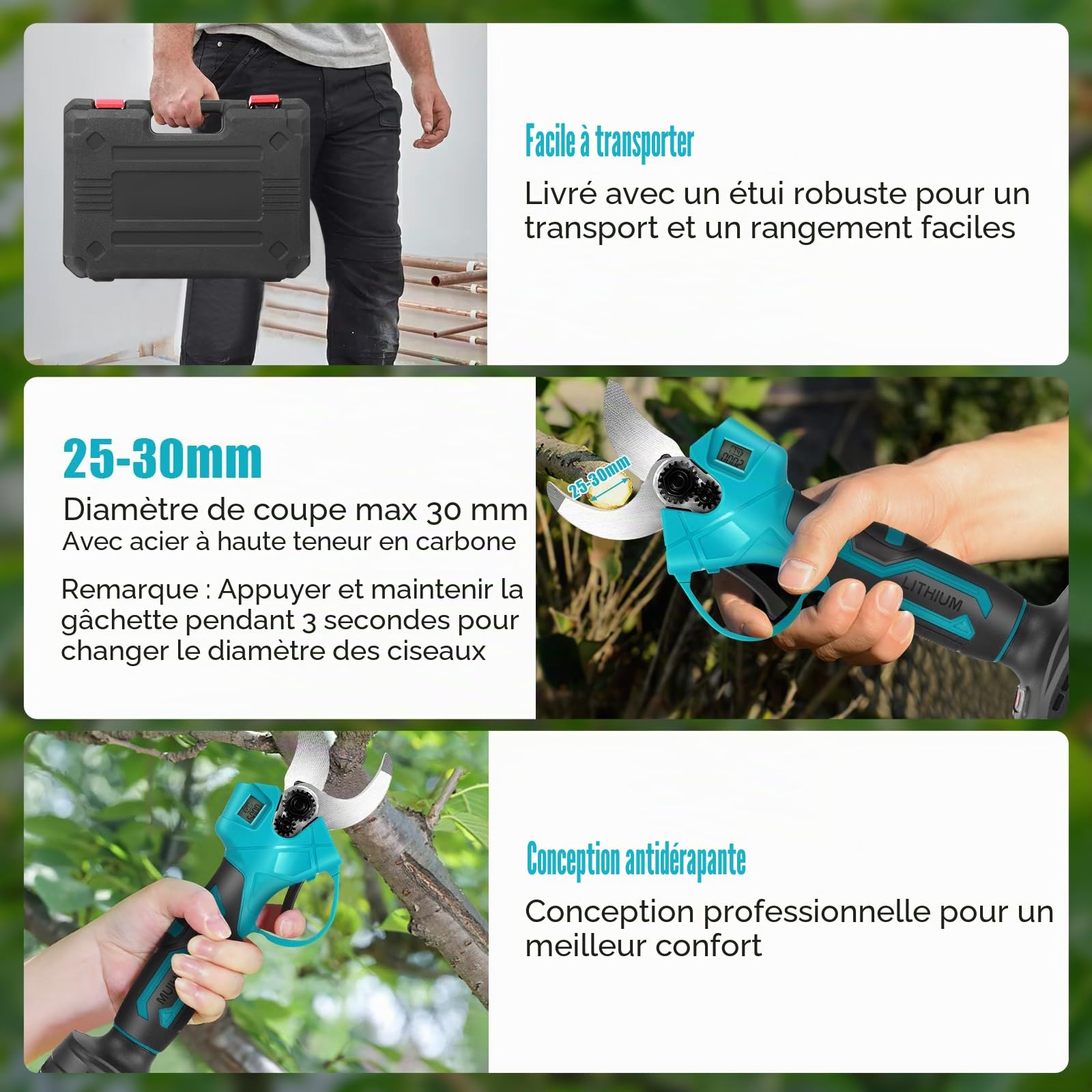 Sécateur électrique professionnel batterie 2x20V 1500mAh, écran LCD, moteur sans balais, coupe max. 30mm, lames SK5, jardinage
