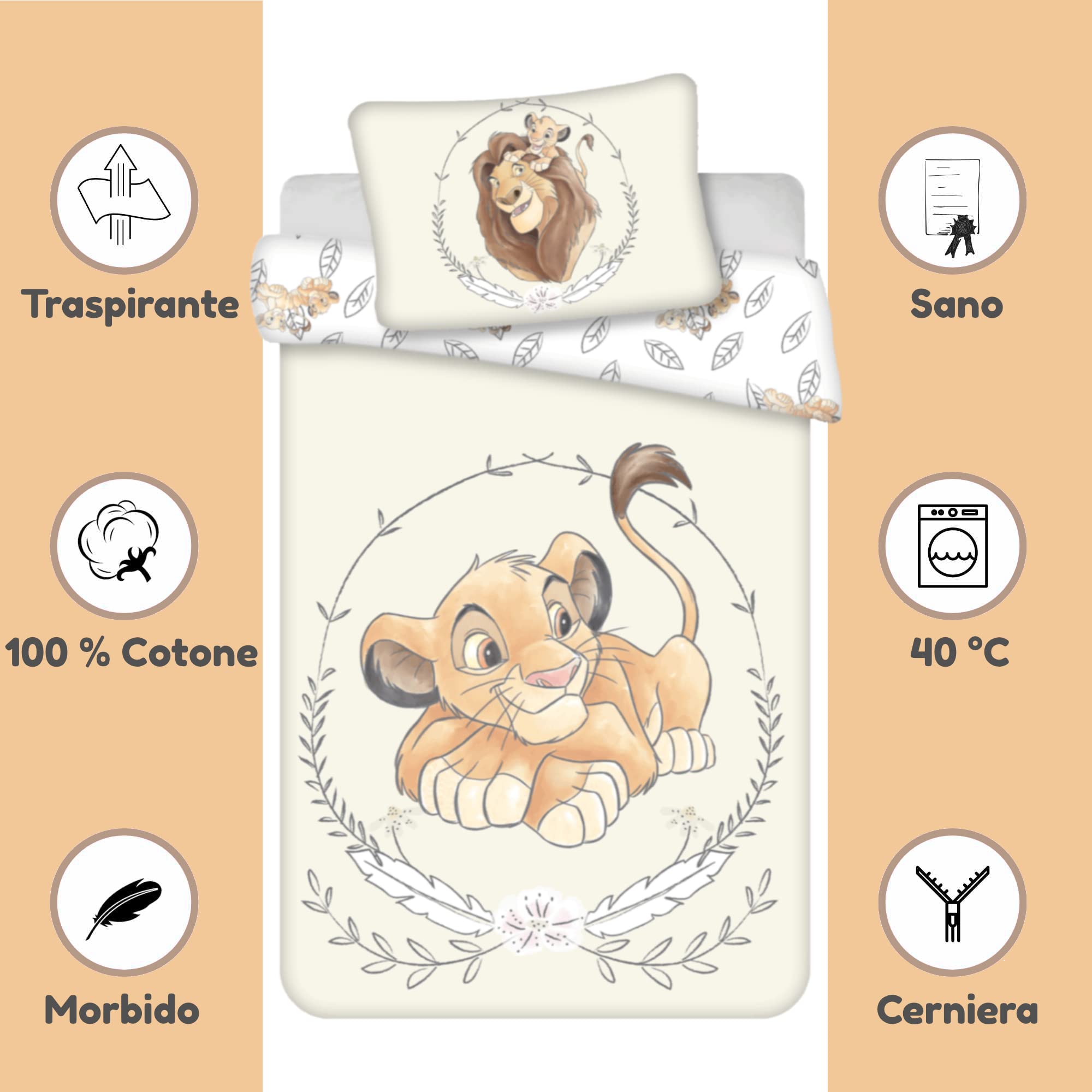 Copripiumino singolo per bambino Simba Il Re Leone 100 x 135 cm e federa 40 x 60 cm | lenzuola per materasso da 60x120 a 70x140 cm | Biancheria da letto 100% cotone