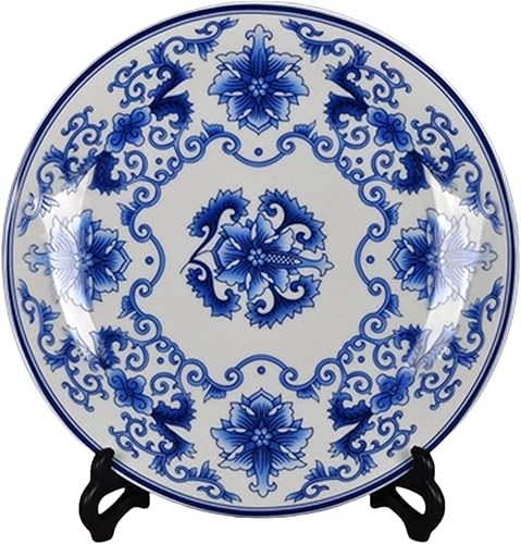 Platos decorativos de porcelana azul y blanca de 10.2 in con patrón floral oriental para manualidades de cerámica para adornos, 1 plato con 1