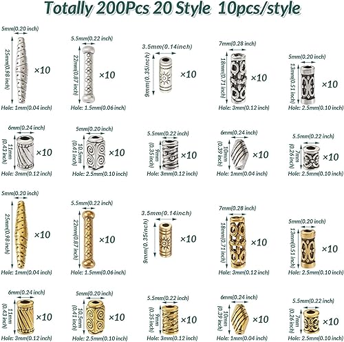 Miniatura 4 de Magibeads 200 cuentas espaciadoras tibetanas de aleación, 20 estilos surtidos de tubos de columna, cuentas de barril retro occidentales, cuentas