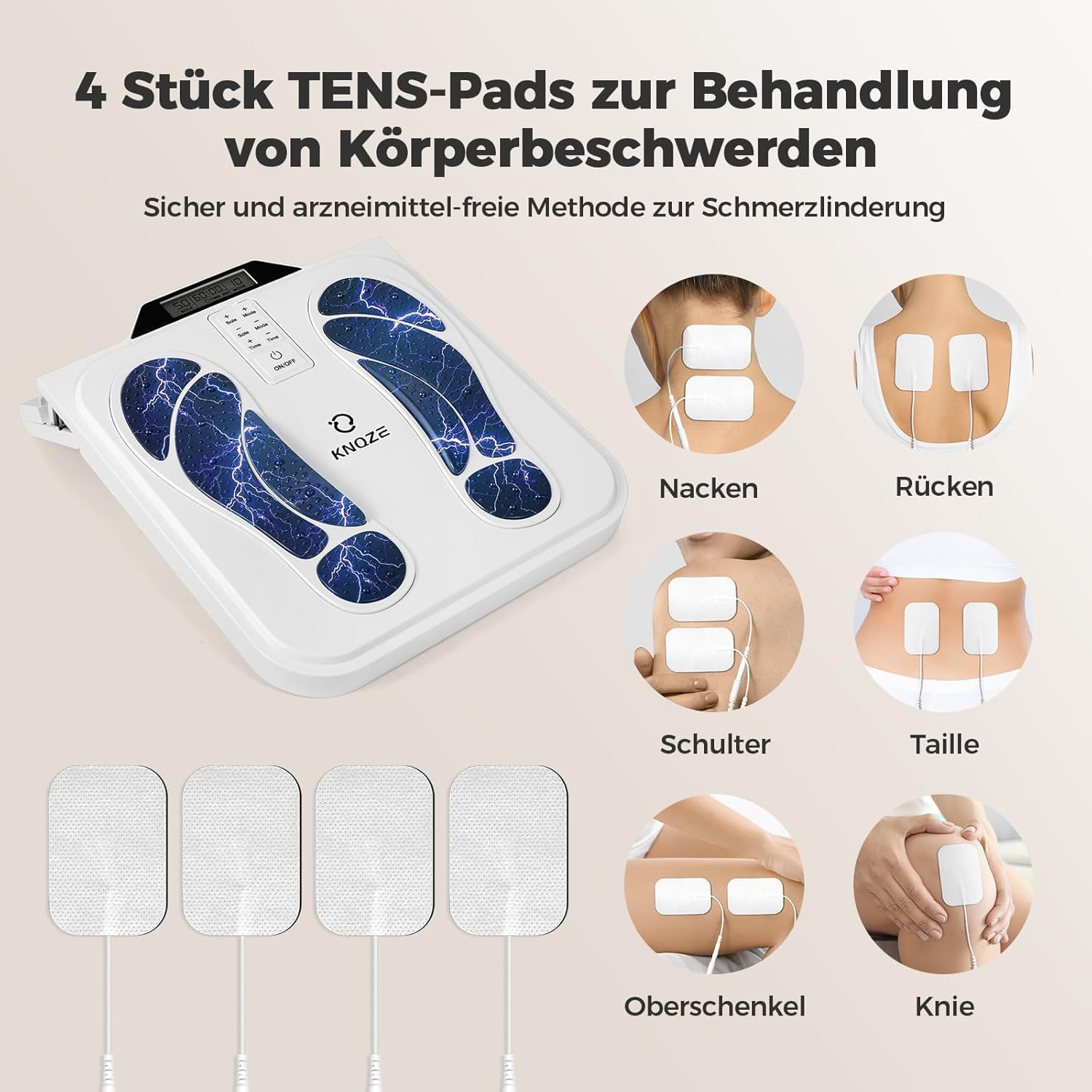 Appareil de massage électrique pour les pieds Stimulateur de circulation avec EMS et TENS, avec 10 modes, 50 niveaux d'intensité et 4 électrodes pour soulager la douleur et favoriser la circulation