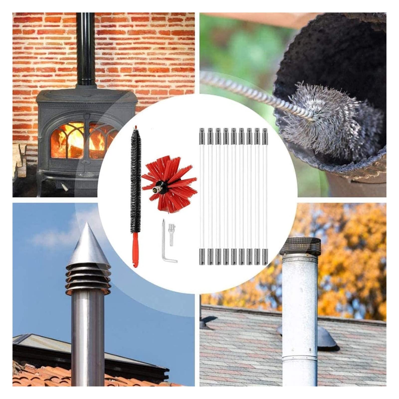 Kit De Deshollinador De Chimenea, Kit De Cepillo De Chimenea Con 12 Varillas Flexibles De Nailon Y 1 Cabezal De Cepillo, Kit De Limpieza De Chimenea Giratorio Impulsado Kit de limpieza de chimenea