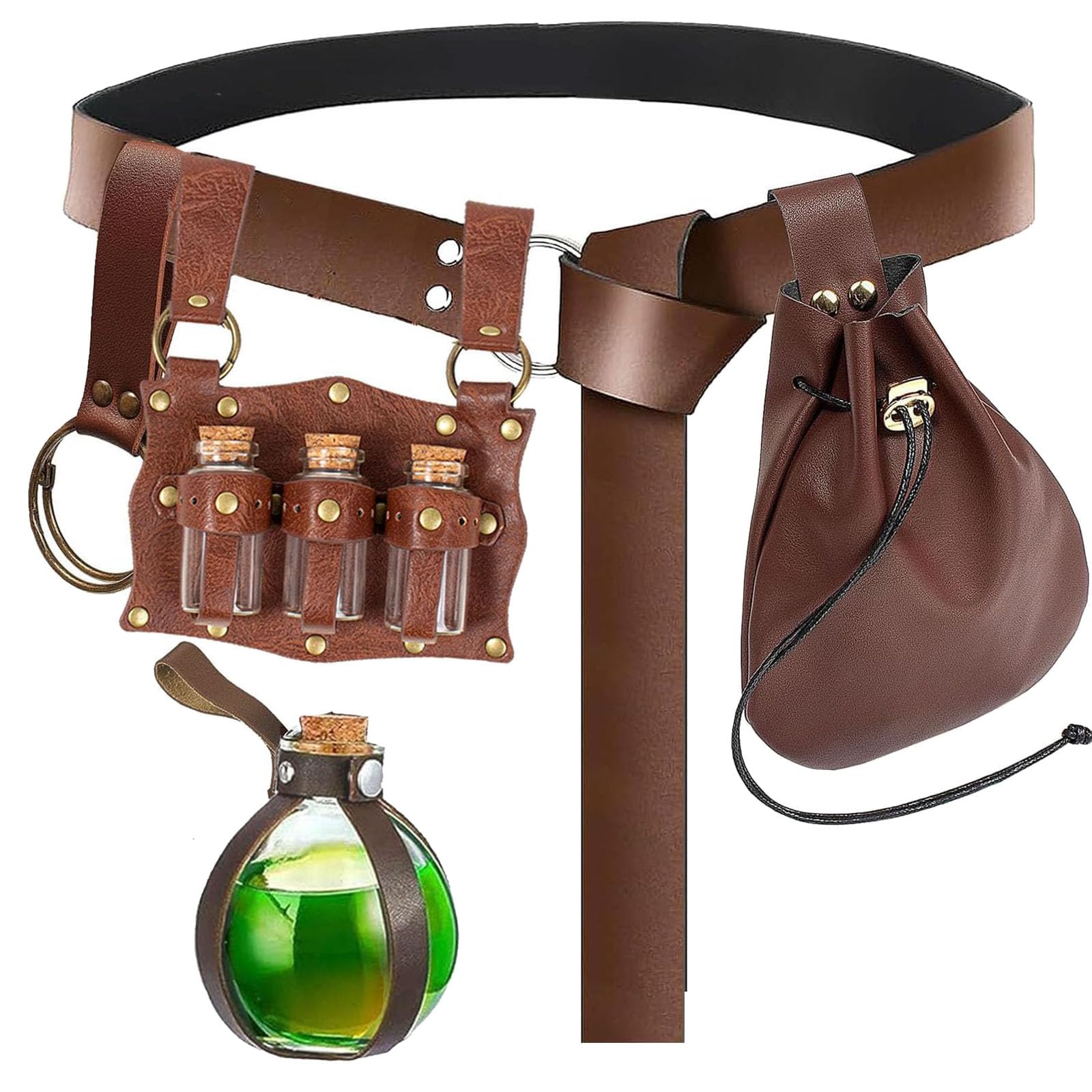 5 Pcs Renaissance Accessories Belt Pouch Waist Bag Belt Keyring Hook Wizard Potion Bottles Vials for Festival Cosplay Halloween Costume