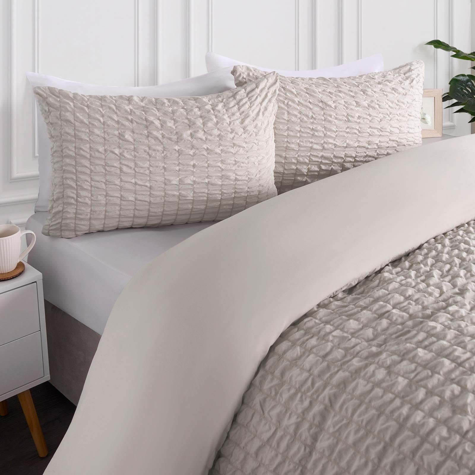Ohs Stone Seersucker Bedding Double Duvet Set, Geometric Seersucker Duvet Cover Sets Luxurious Quilt Cover Embossed Waffle Bedding Double Bed Set With Matching Pillowcases,