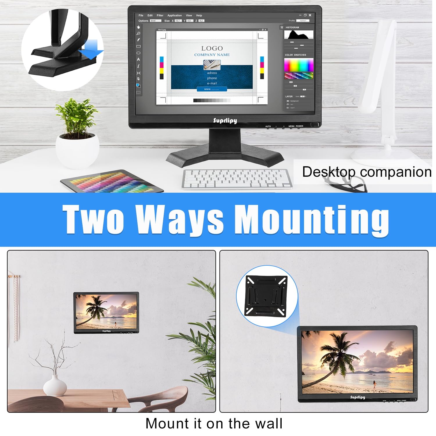 15.6 inch FHD Small IPS Monitor LCD Display Screen 1920x1080 60Hz 16:9 with BNC VGA AV Input Built-in Lounspeakers for CCTV Security Camera DVR PC RasPi