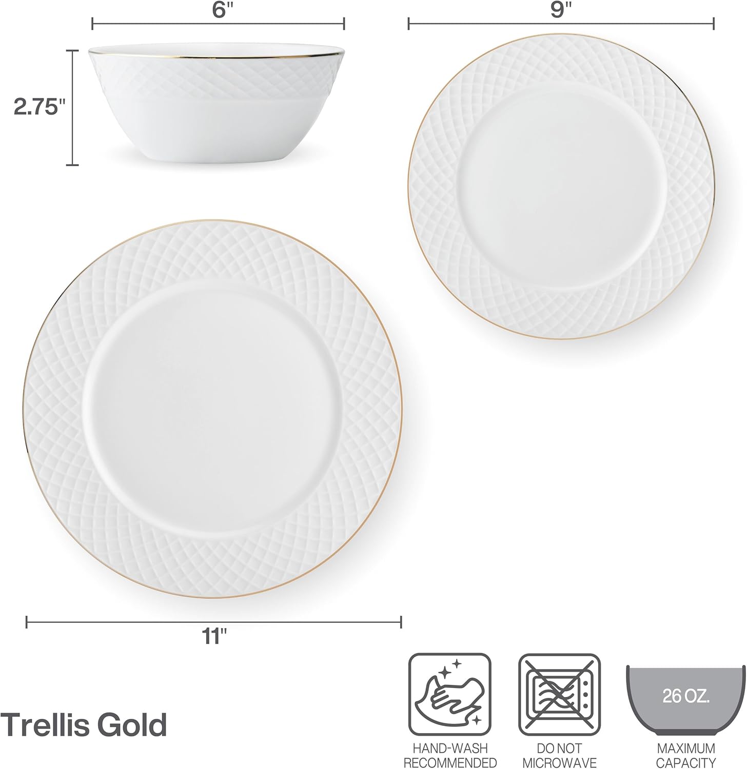 Mikasa Trellis Gold Rim Bone China Lightweight Chip Resistant 12 Piece Dinnerware Set, Service for 4 - Image 4