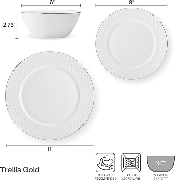 Mikasa Trellis Gold Rim Bone China Lightweight Chip Resistant 12 Piece Dinnerware Set, Service for 4