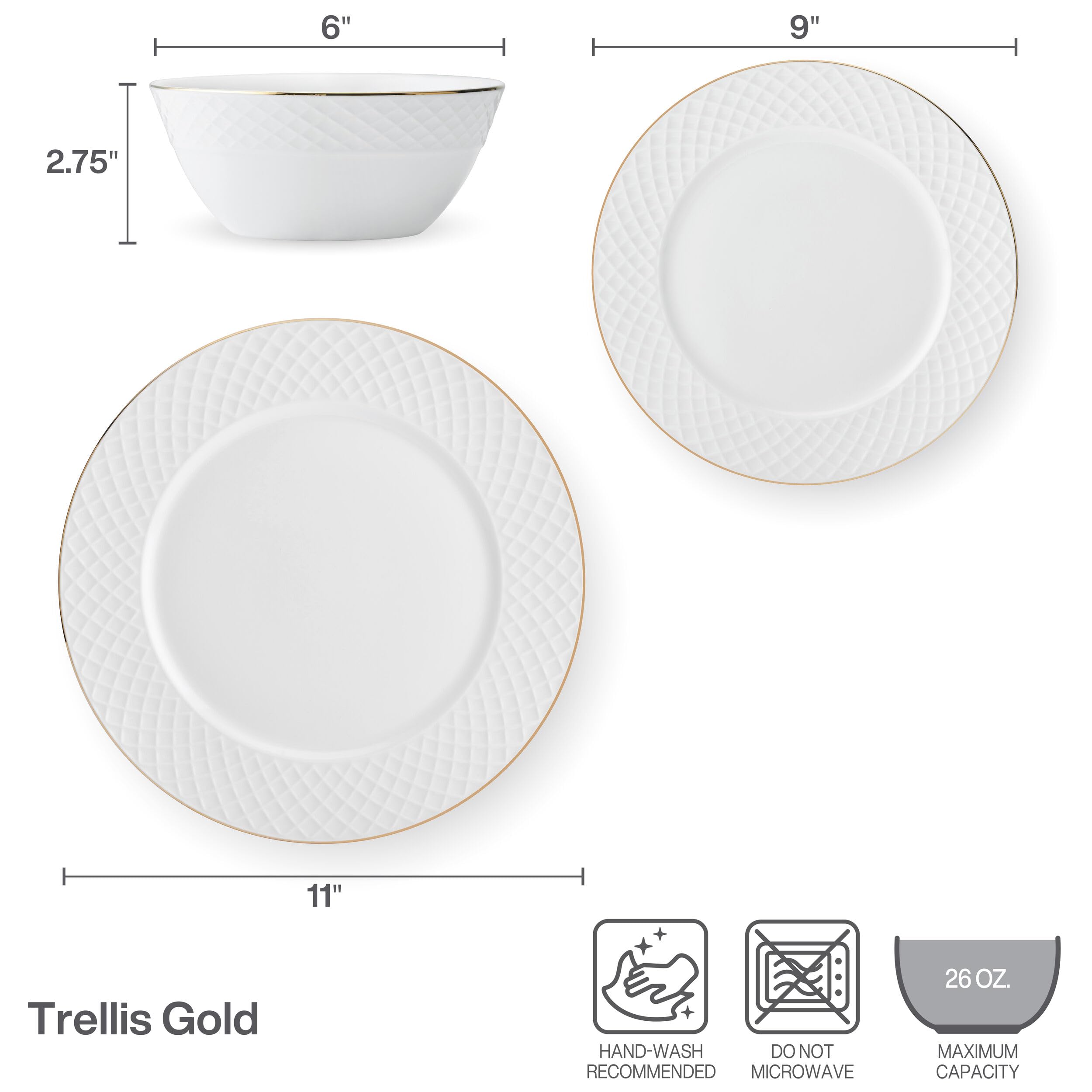 Mikasa Trellis - Vajilla de porcelana china con borde dorado, ligera, resistente a las astillas, 12 piezas, servicio para 4