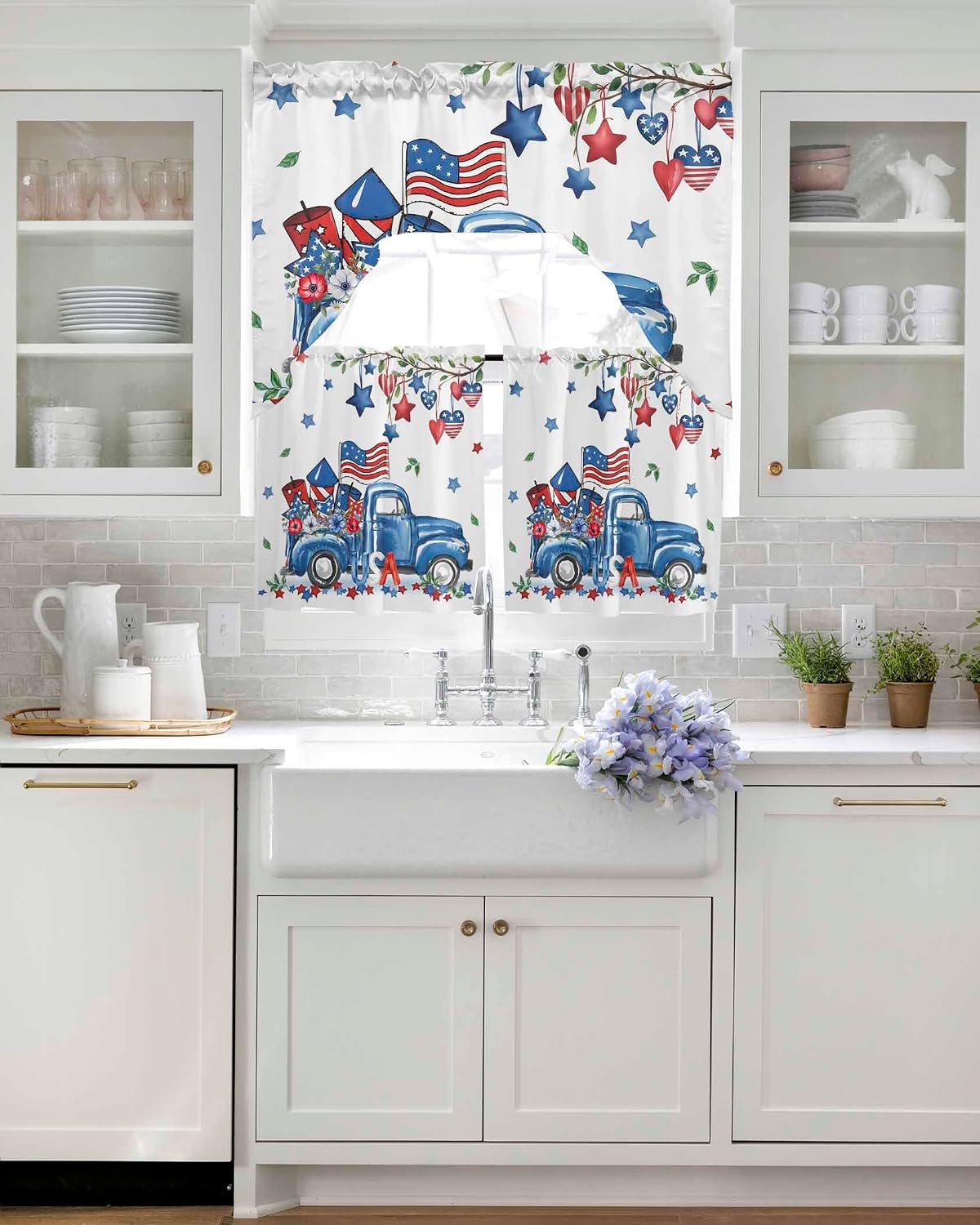 Independence Day Kitchen Curtains and Valance Set,Farmhouse American Flag Truck Star Love Short Swag Tier Curtain 24 Inch Length for Cafe Living Room Bedroom Bathroom 3Pcs Rod Pocket Window Drapes