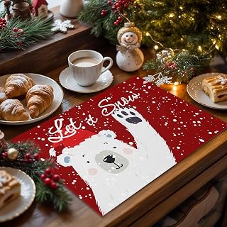 Placemats Set of 4, Cute Bear Christmas Snow on Red Washable Table Mats for Dining Table, Xmas Cartoon Animal Style Wipeable Place Mats for Kitchen Indoor Outdoor