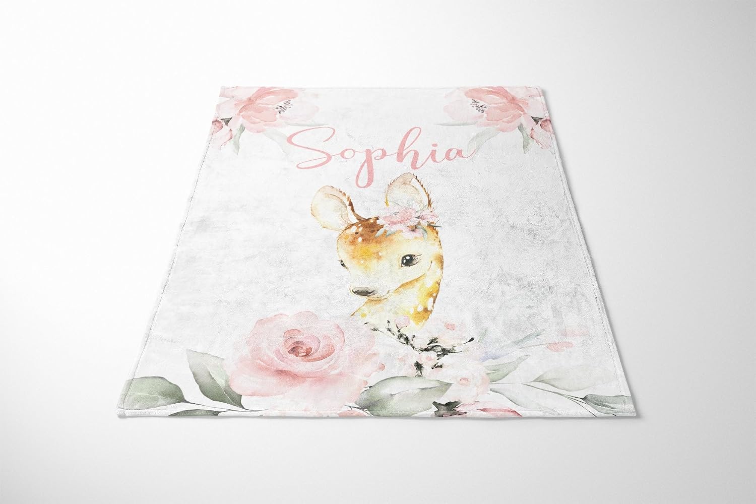 Personalized Deer Baby Blanket, Baby Girl Blanket, Pink Floral Baby Blanket, Girl Woodland Crib Bedding, Fawn Crib Bedding