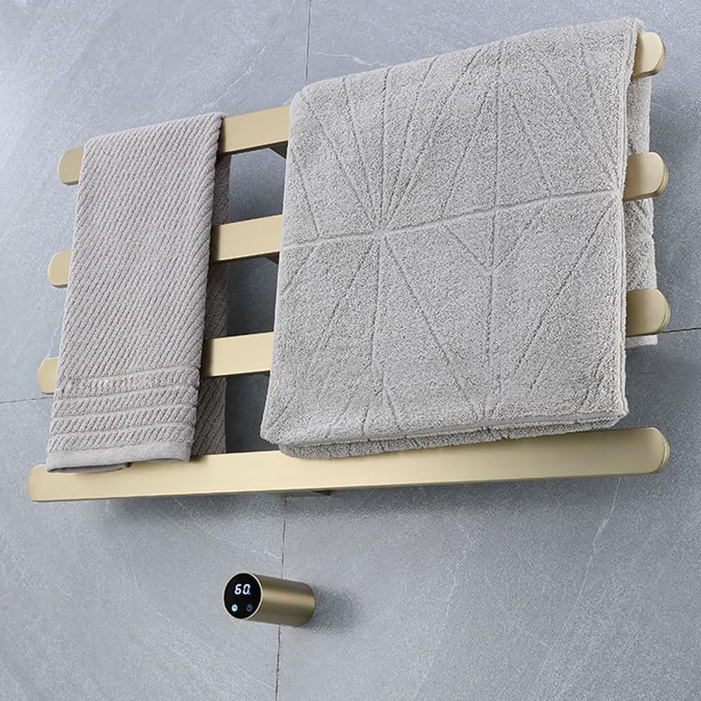Heated Towel Racks for Bathroom,Concealed installatio Electric Towel Warmer with Timer & Temperature Control,Stainless Steel Towel Heater,Brushed Gold,110V,4 Bars