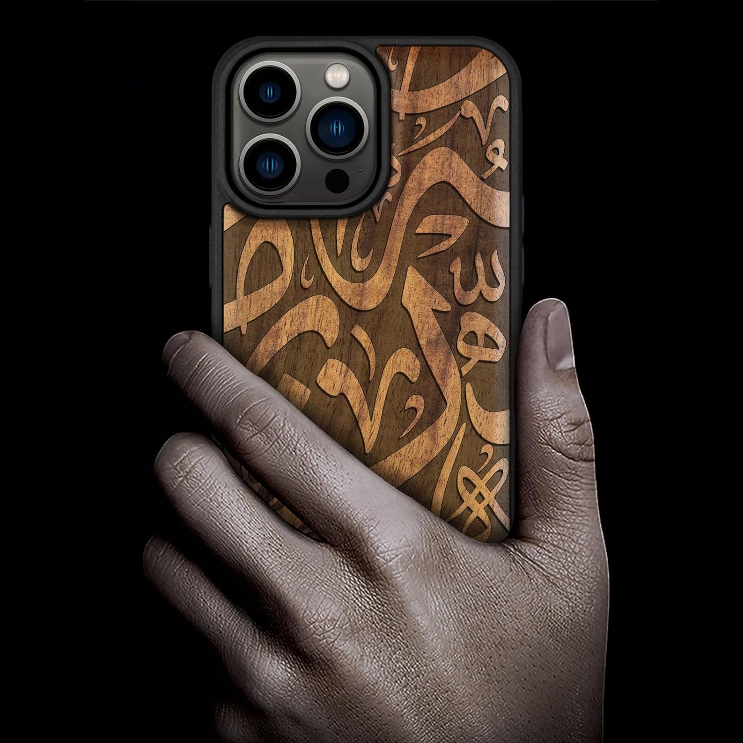 Carveit Magnetic Wooden Case for iPhone 15 Pro Max Case, Compatible with MagSafe Wireless Chargers, Black Soft TPU Shockproof Cover & Wood Artisan Engraved (Abstract Calligraphy) - Walnut
