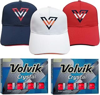 Volvik Crystal 3-Piece Premium Color Golf Balls 2 Dozen (Red Color 24 Balls) Bundle with 3 Color V-Logo Hats (White, Navy, Red)