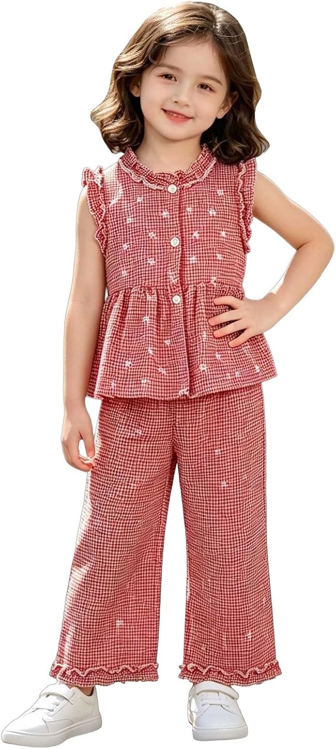 Summer Outfits for Girls Gingham Sleeveless Ruffle Trim Tank High Elastic Wide Leg Pants Casual Plaid Clothing Set