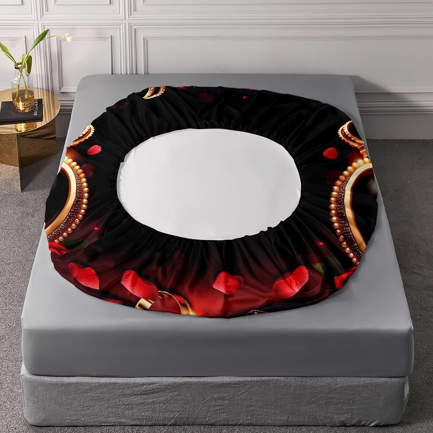 AILONEN Red Rose Fitted Sheet Set Queen Size,Romantic Hearts Love King and Queen Crown Bedding Set,3 Pieces Couple Fitted Sheet with 2 Pillowcases