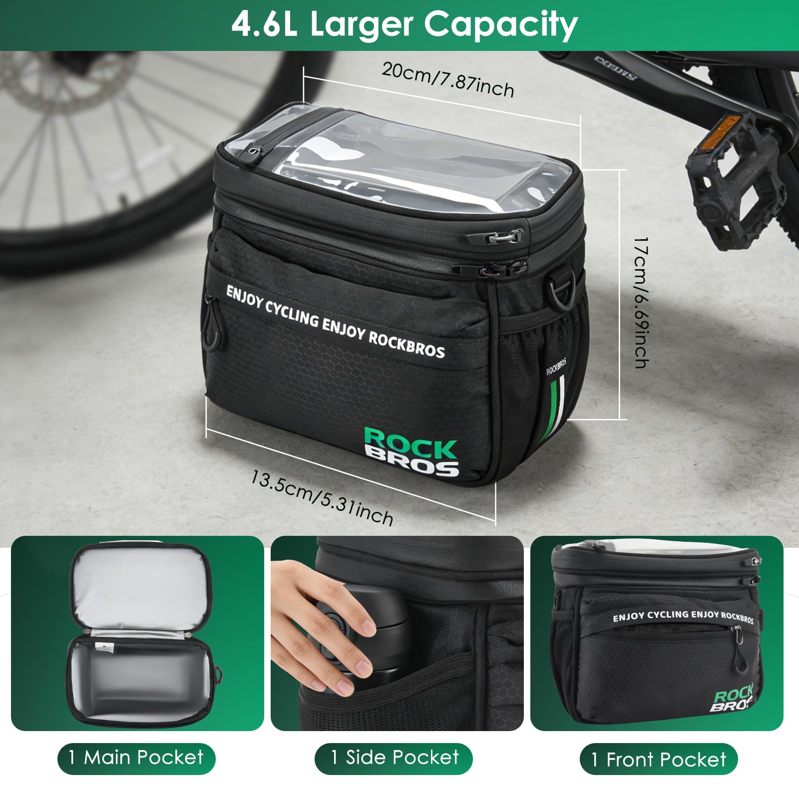 Borsa da manubrio per bicicletta, borsa da manubrio isolata da 5 litri con touchscreen regolabile per e-bike e biciclette, resistente all'acqua, borsa per cestino anteriore della bicicletta
