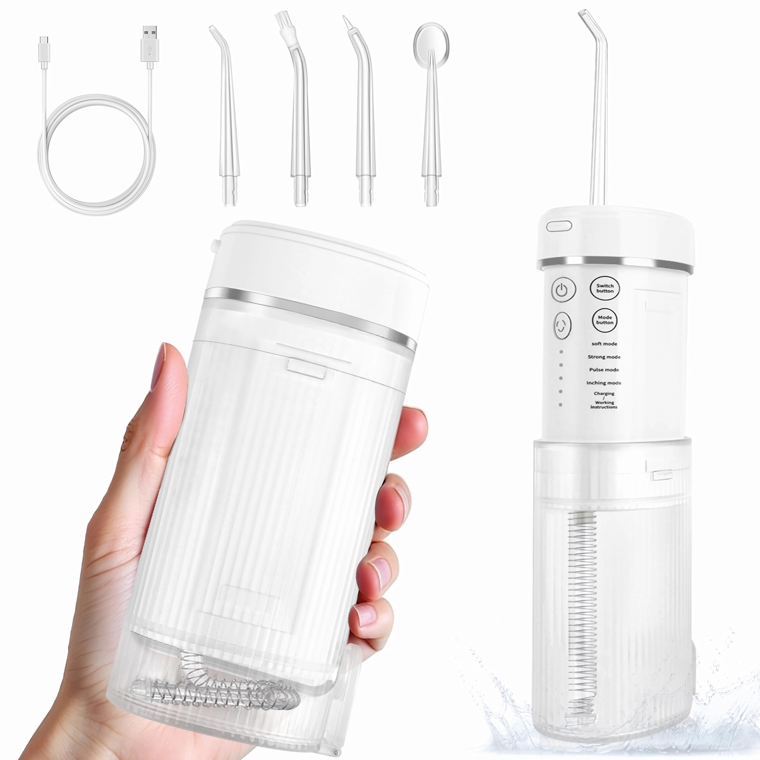 Irrigador Bucal Portátil, Aparato Dental Eléctrico Inalámbrico con 4 Modos y 4 Boquillas de Repuesto, Depósito Extensible 160 ml, Recargable USB-C, Impermeable IPX7, Ideal para Viajes y Hogar