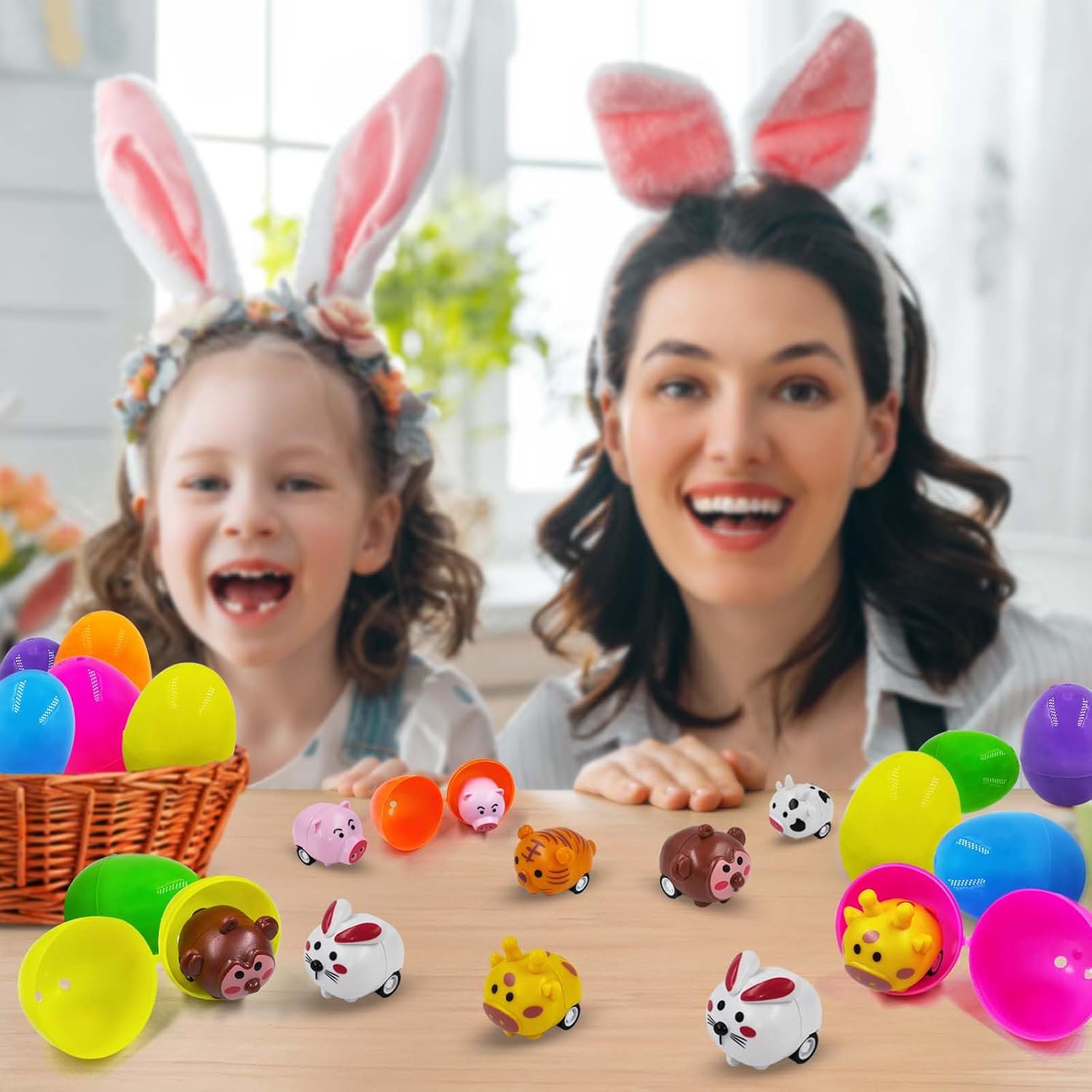 12 PCS Easter Eggs Filled with Animal Pull Back Car Toys, Easter Basket Stuffers for Kids Toddlers Boys Girls, Easter Eggs Fillers Stuffers for Easter Hunt, Animal Vehicle for Party Favor