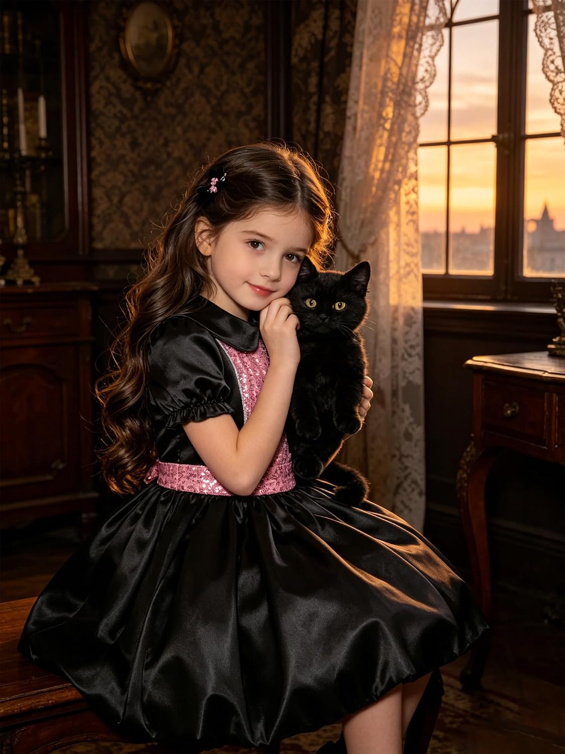 Girls Mouse Performance Stage Dance Dress Short Puff Sleeve Bubble Dresses Shiny Sequins Dancewear