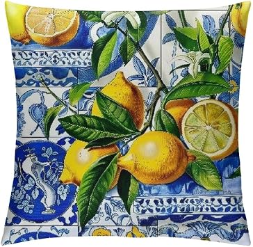 Mediterranean Lemon On Blue Ceramic Tiles Throw Pillow Cover Cozy Square Throw Pillowcases Home Decorative for Bed Couch Sofa Living Room Cushion Cover One Size