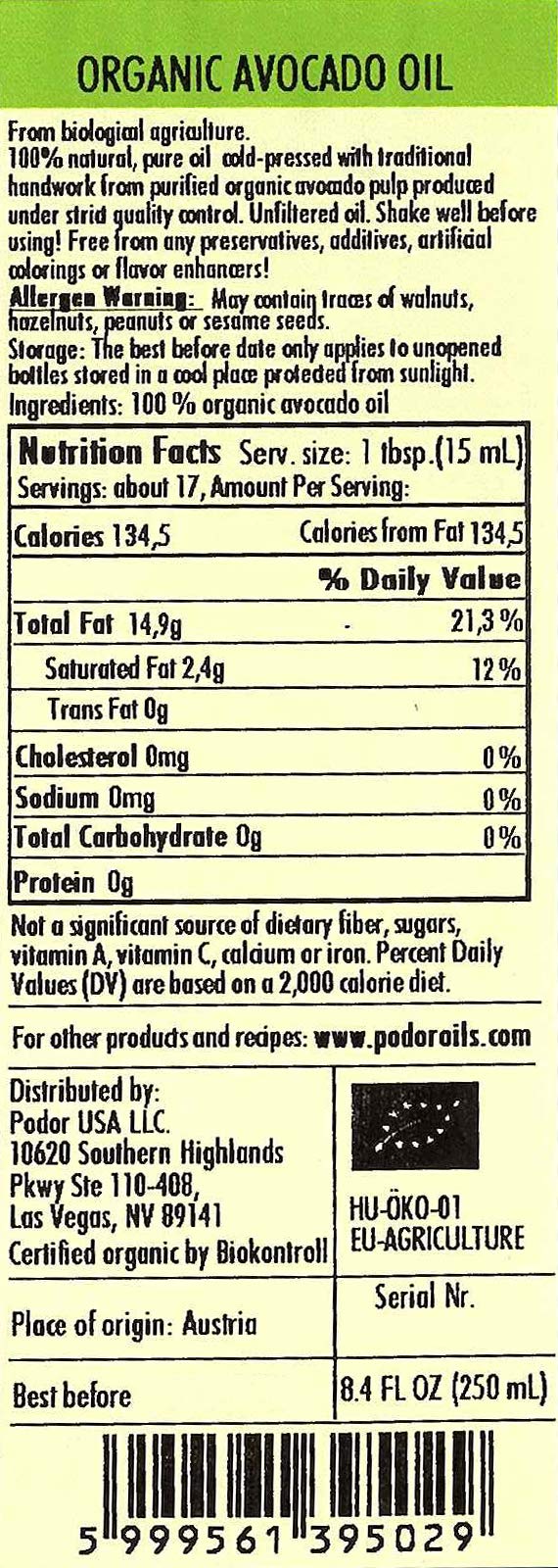 PÖDÖR - Bio Avocadoöl kaltgepresst - naturbelassen - ungefiltert (250ml)