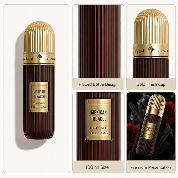 IBRAQ 100ml Mexican Extrait de Parfum, Luxury Tobacco Inspired Perfume with Warm Woody Aromatic Scent, Elegant Ribbed Bottle, Premium Fragrance for Day Evening and Special Occasions