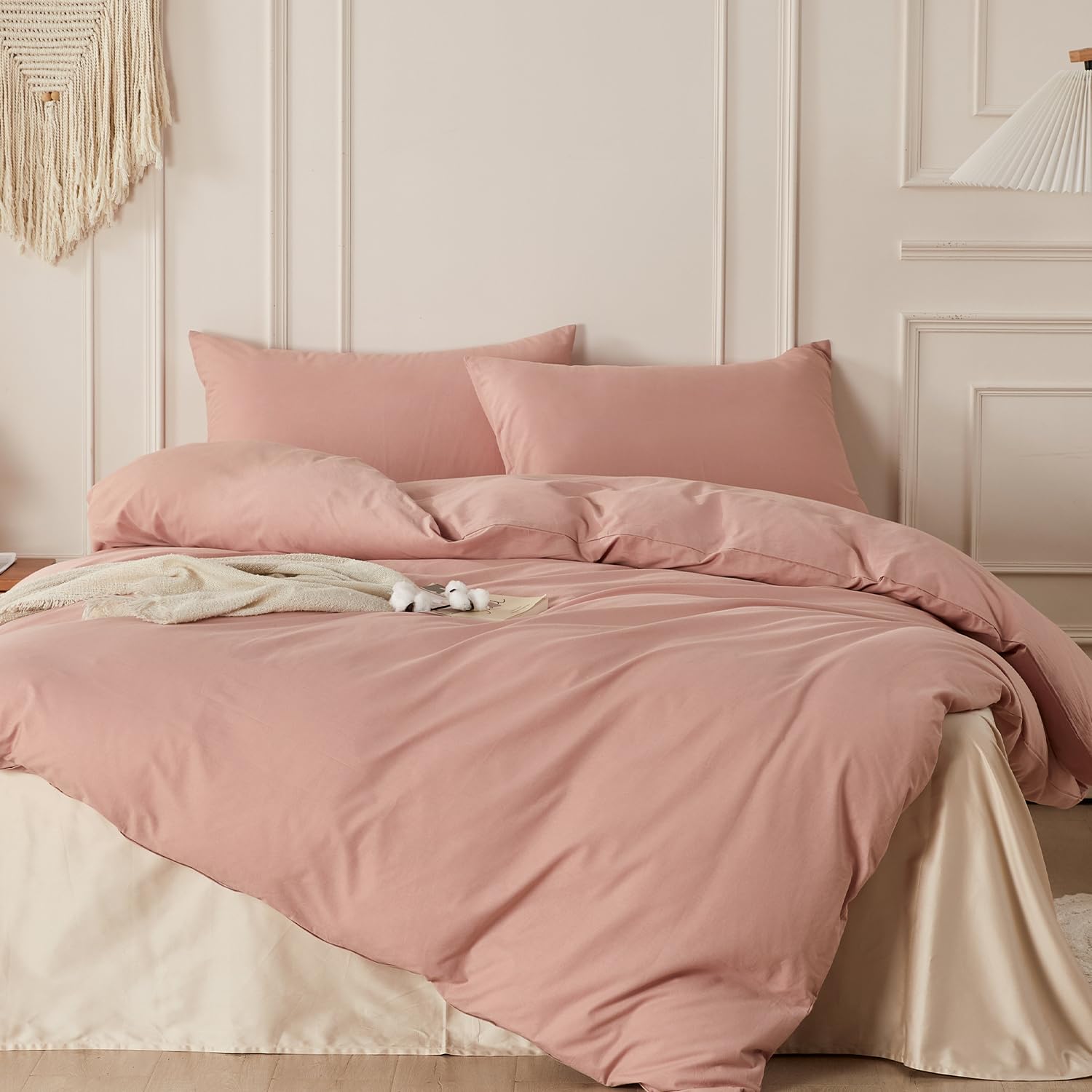 SAPHREAS Dusty Rose Duvet Cover Set 100% Washed Cotton Super King Size 3Pcs 8 Corner Ties Modern Solid Bedding Soft 1 Duvet Cover with Zipper 2 Pillow Shams - Image 4