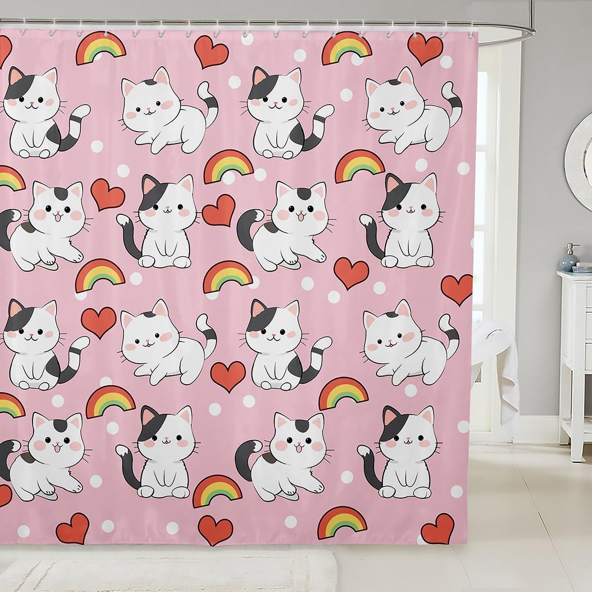 Feelyou Cartoon Cat Rainbow Shower Curtain Lovely Kitten Rainbow Bathroom Shower Curtain Set for Kids Boys Girls Teens Colorful Stripes Bath Curtain Multicolor Kids Bathroom Accessories 72"x78"