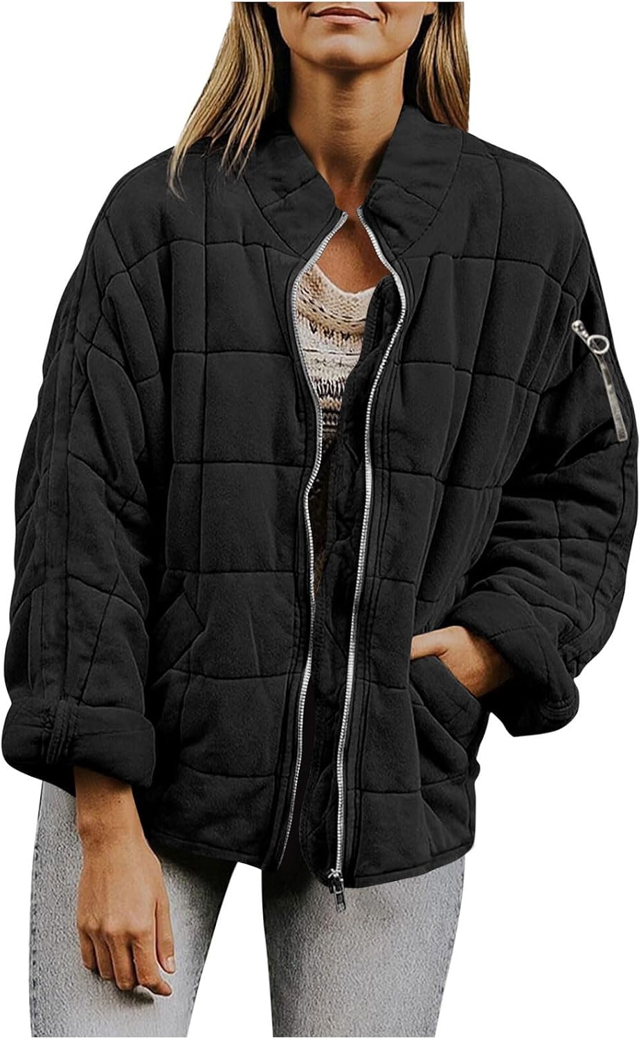 Quilted Puffer Jacket for Women Lightweight Zip Up Padded Coat Oversized Fashion Casual Outwear with Pockets