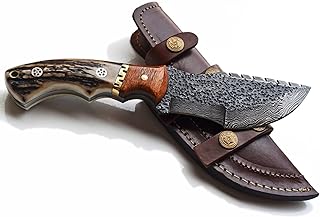 Tracker Knife - Stag Handle, Hammered Damascus Hunting Skinning Knives Blades Blade Knife - Whole Earth Supply