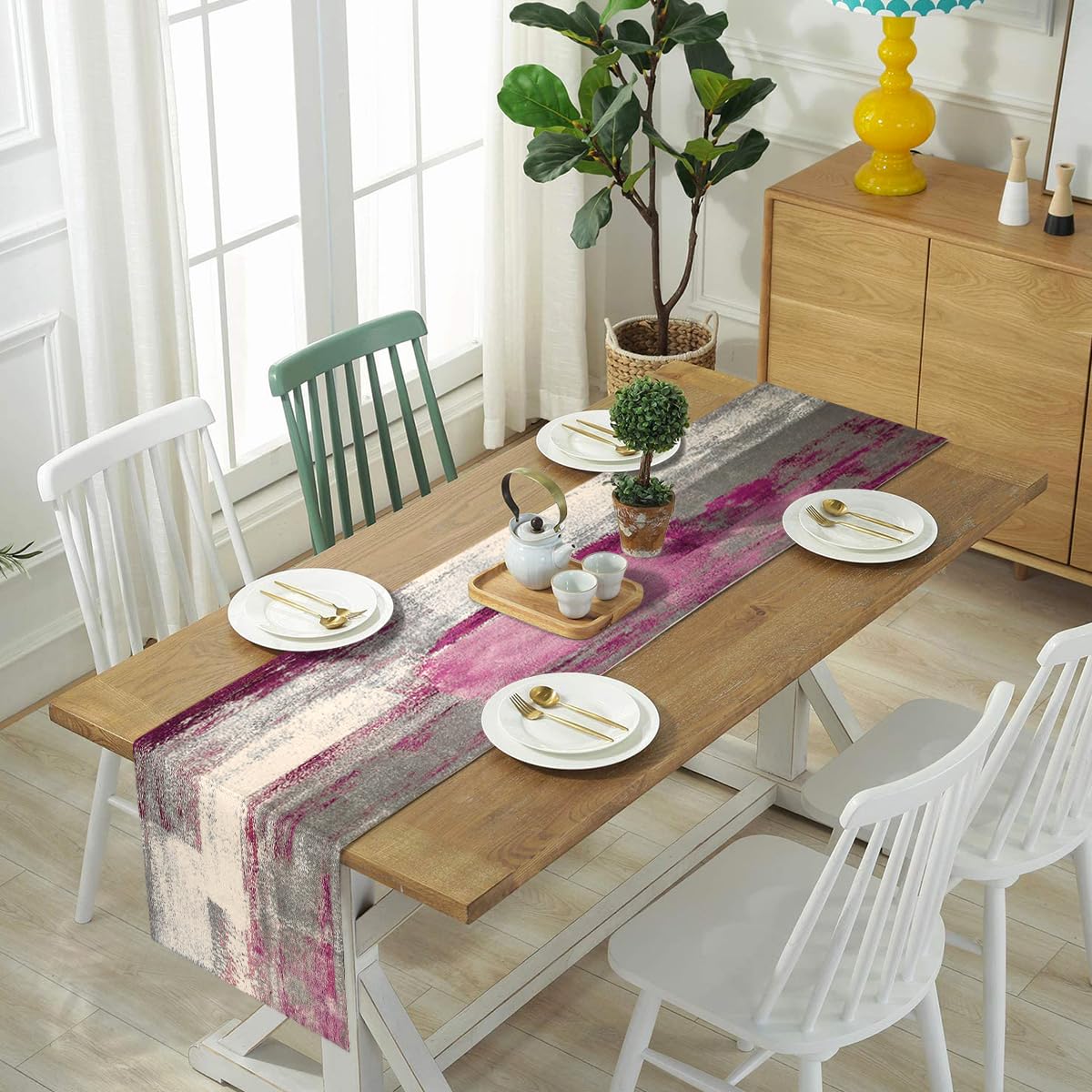 Coffee Table Runner Spring Linen Modern Purple and Grey Table Decorations Cotton Boho Decorative Cloth Rustic for Weddings Christmas Party Dinner Holidays Home Party Decor 33cm x 183cm - Image 2